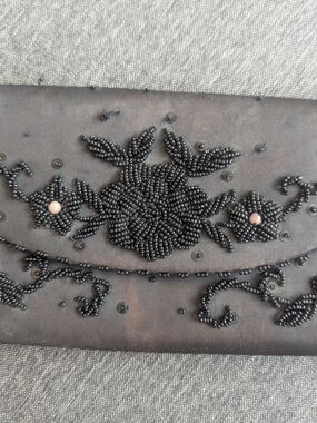 Vintage Hand-Beaded Black Floral Evening Clutch
